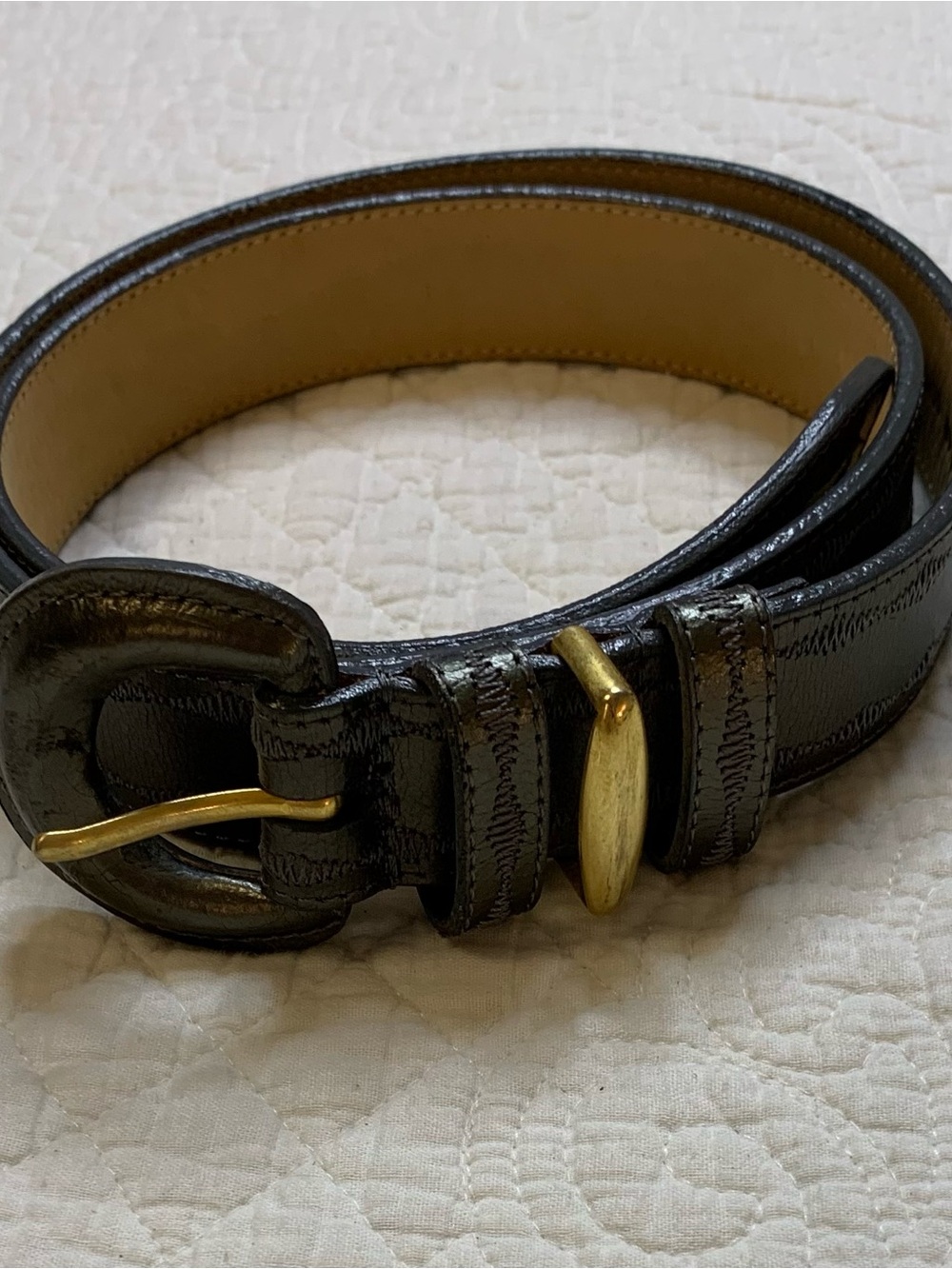 Olga Santini Charcoal Leather Belt size L with stitching and Gold-Tone Buckle
